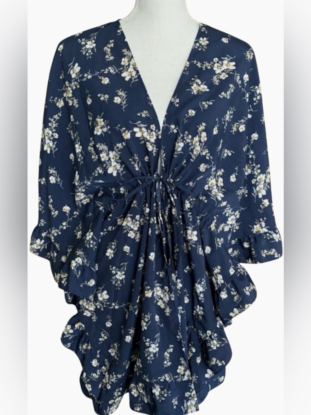 Navy Floral Drawstring Kimono Top Sz small Batwing sleeves